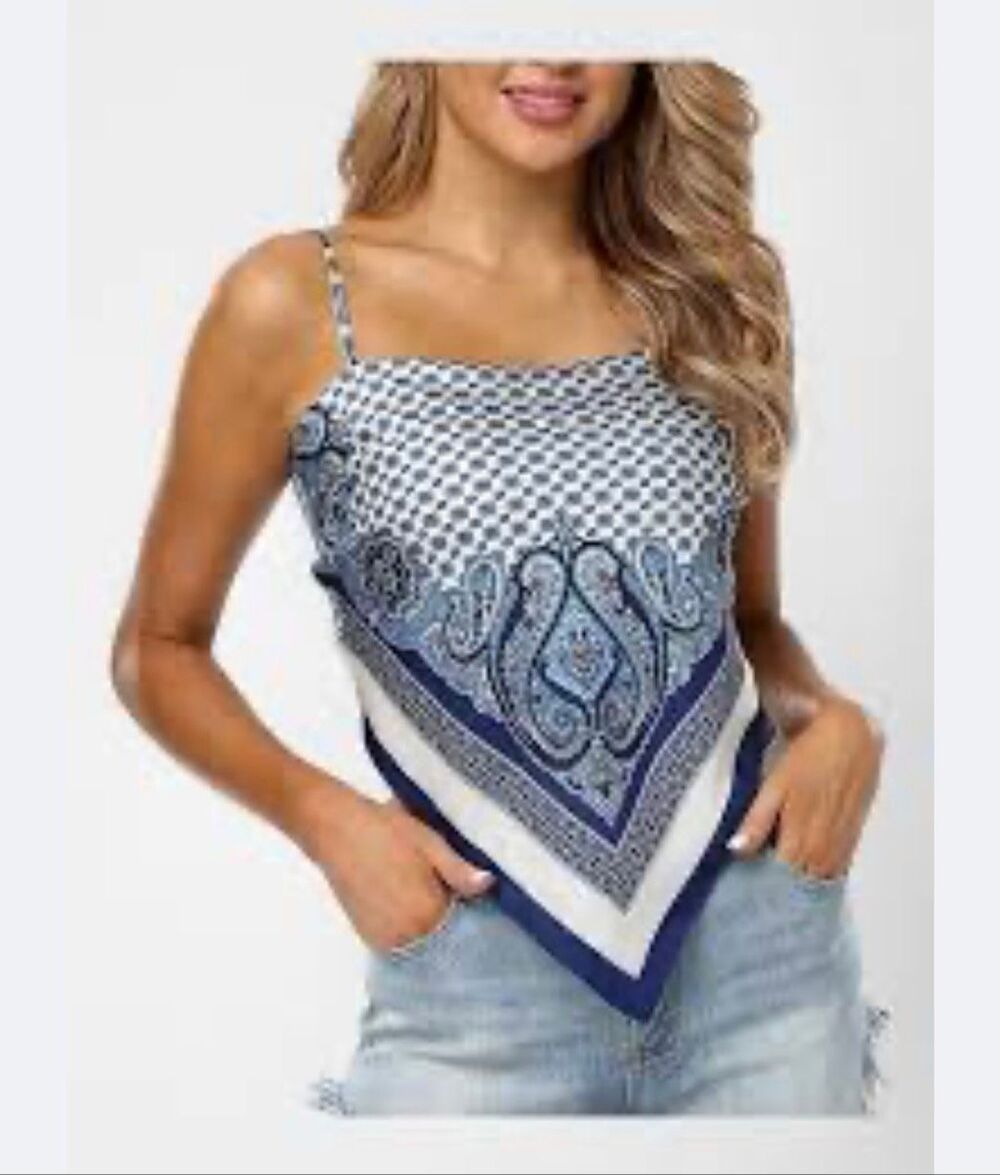Cloud Ten Blue Ivory Paisley Satin Bandana Top Size S